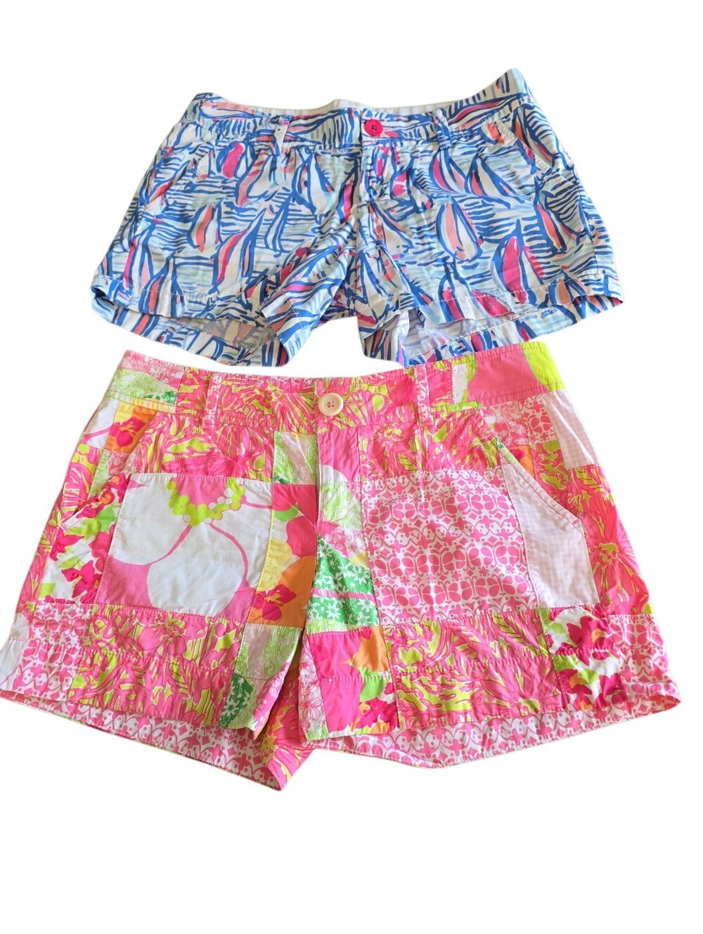 Lilly Pulitzer Pink Blue Sailboat Callahan & Pink Patchwork Shorts Sz 4 Lot of 2